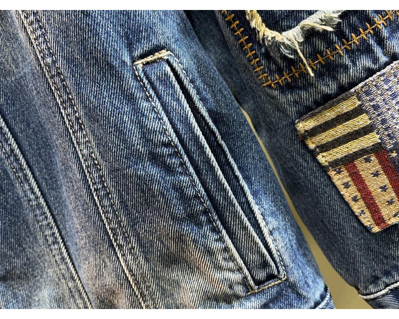 Streetwear Fashion Men Jacket High Quality Retro Blue Patched Designer Ripped Denim Jacket Men Coats Hip Hop Chaquetas Hombre