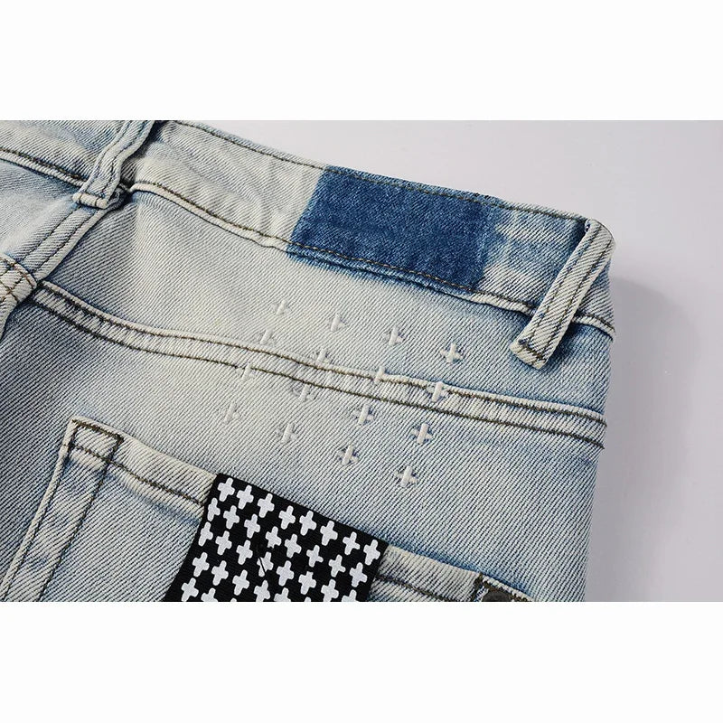 Men's High Street KSUBI Distressed Faded Blue Stretch Skinny Pattern Printing High Quality Button Fly Ripped Jeans Pants