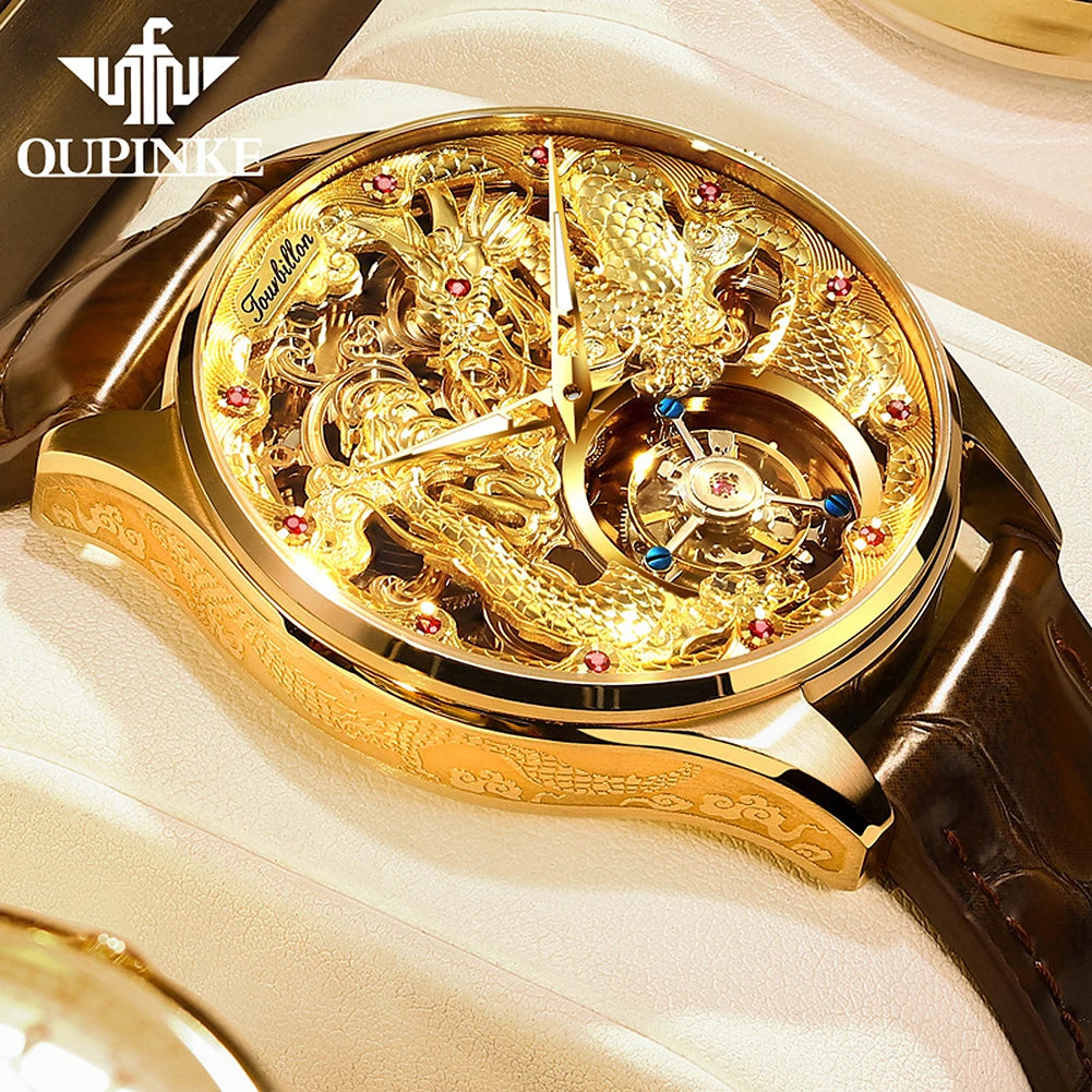 100% OUPNKE 3176 Authentic Tourbillon Men Watch Luxury 3D Relief Golden Dragon Watch Original Mature Automatic Mechanical Watch