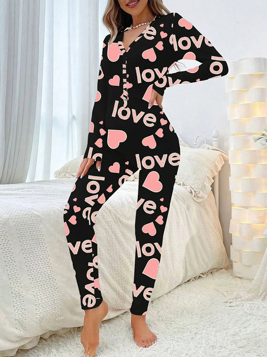 Women Jumpsuit Long Sleeve V Neck Button Closure Letters Heart Print Bodysuit Loungewear Sleepwear for Valentines Day