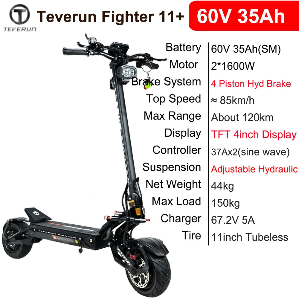 Original Teverun Fighter 11 Plus 35Ah 1600W*2 Motor New TFT 4inch Display With NFC Lock  GPS Find Locate Electric Scooter