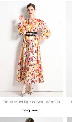 Women Casual Midi Shirt Dress Long Sleeve New Comings Fashion Design Cartoon Print Lady Streetwear Flower Vestidos Large Size