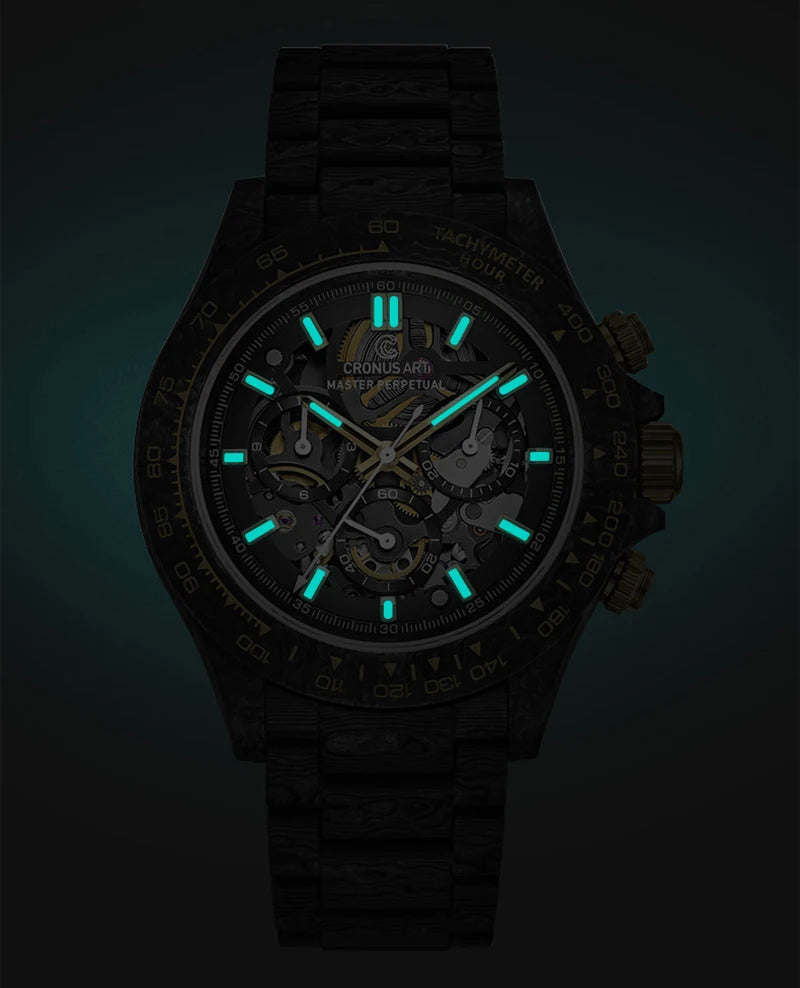 CRONUSART Men Chronograph Watch 42mm Automatic Mechanical Wristwatch Carbonfiber Case & Bracelet Luminous Sapphire Skeleton Dial