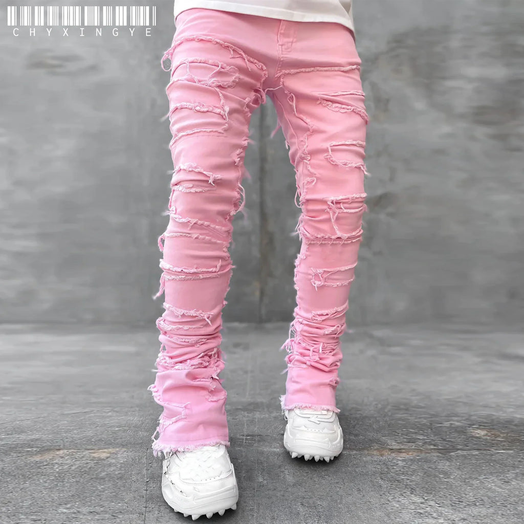 New Men's Fashion Jeans Work Pants, European and American Fashion Workwear Elastic Patchwork Denim Layered Flared Pants S-XXL