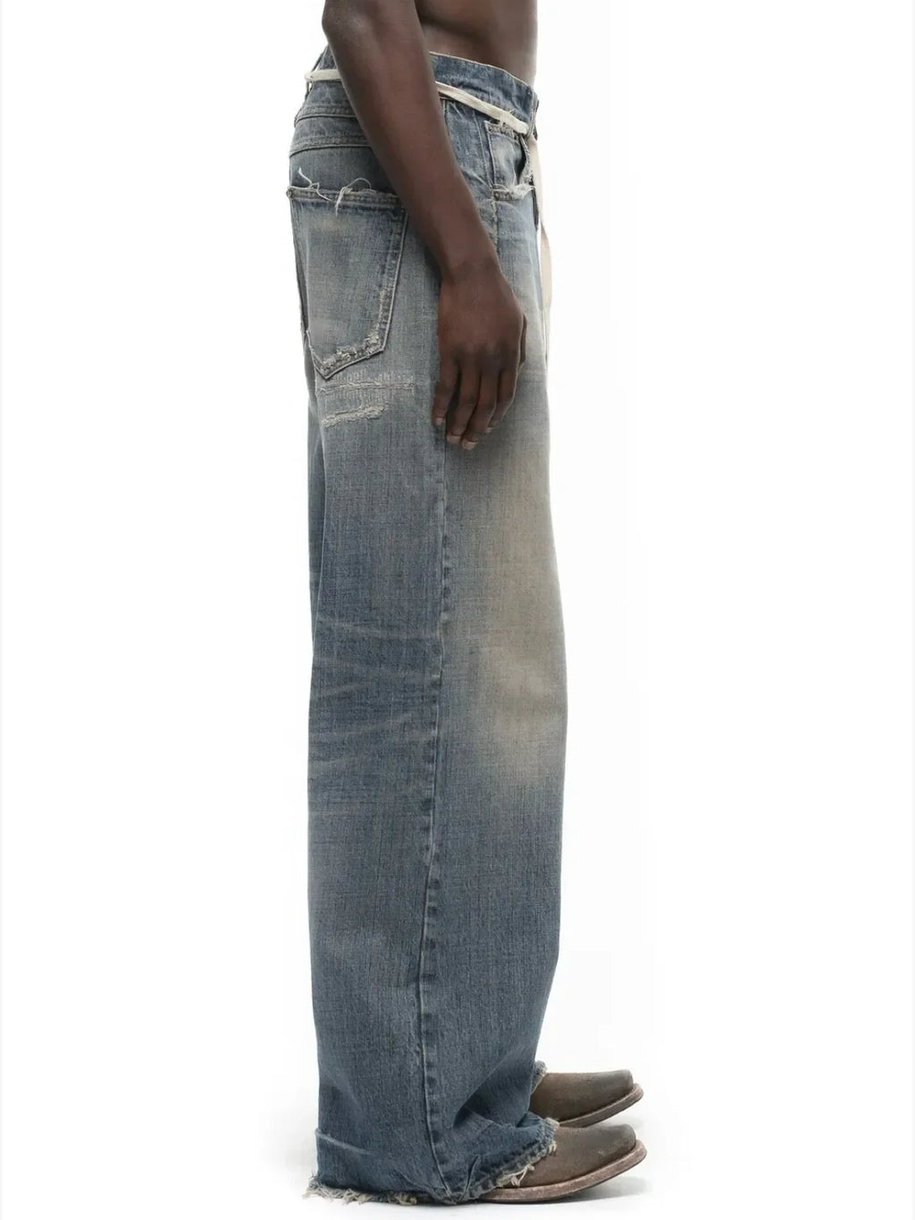 No faith studios washed pussy whiskers made old handmade ripped loose wide legs light blue jeans