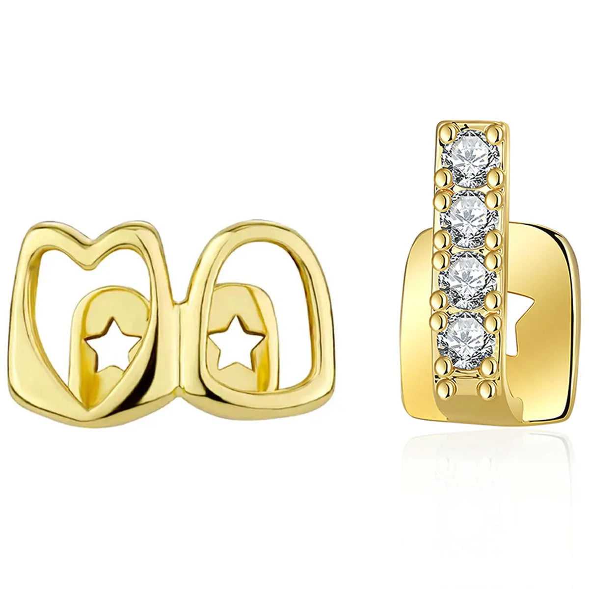 2pcs/Set Hip-Hop Hollow Out Heart Stick Diamond Double Tooth Set, Daily Street Fashion Cool Smooth Gold Teeth