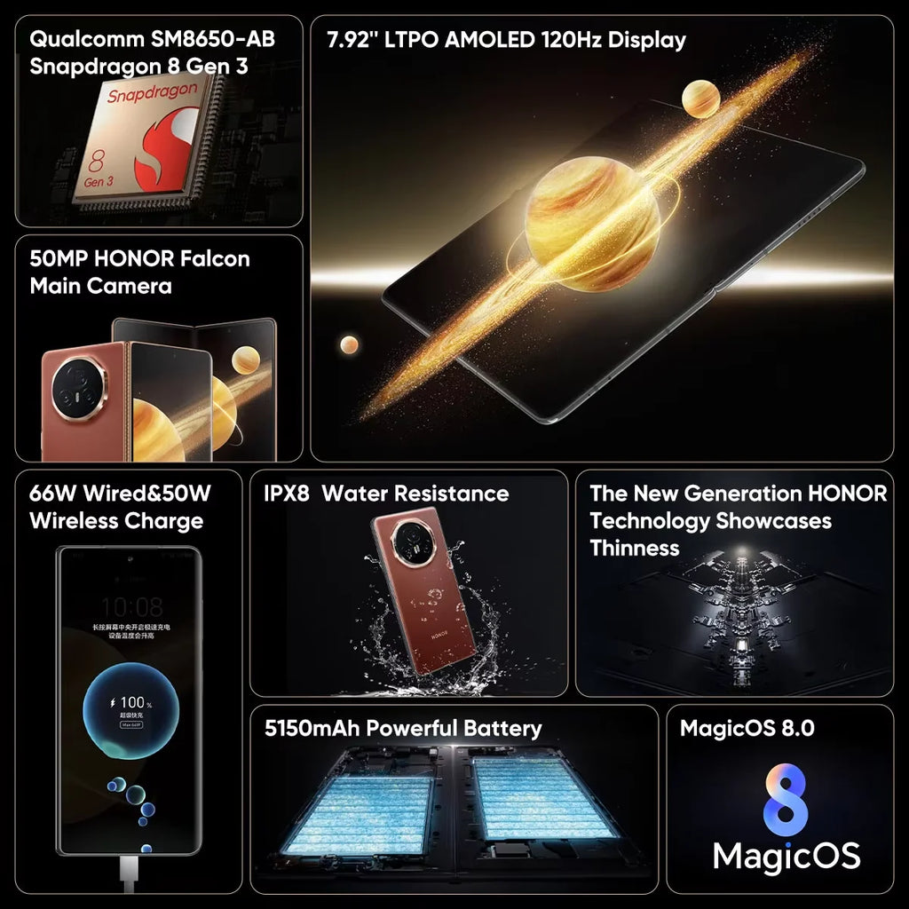 HONOR Magic V3 Global Version 5G Foldable Smartphone Snapdragon 8 Gen 3 7.92" LTPO OLED Display 5150mAh Battery 66W SuperCharge