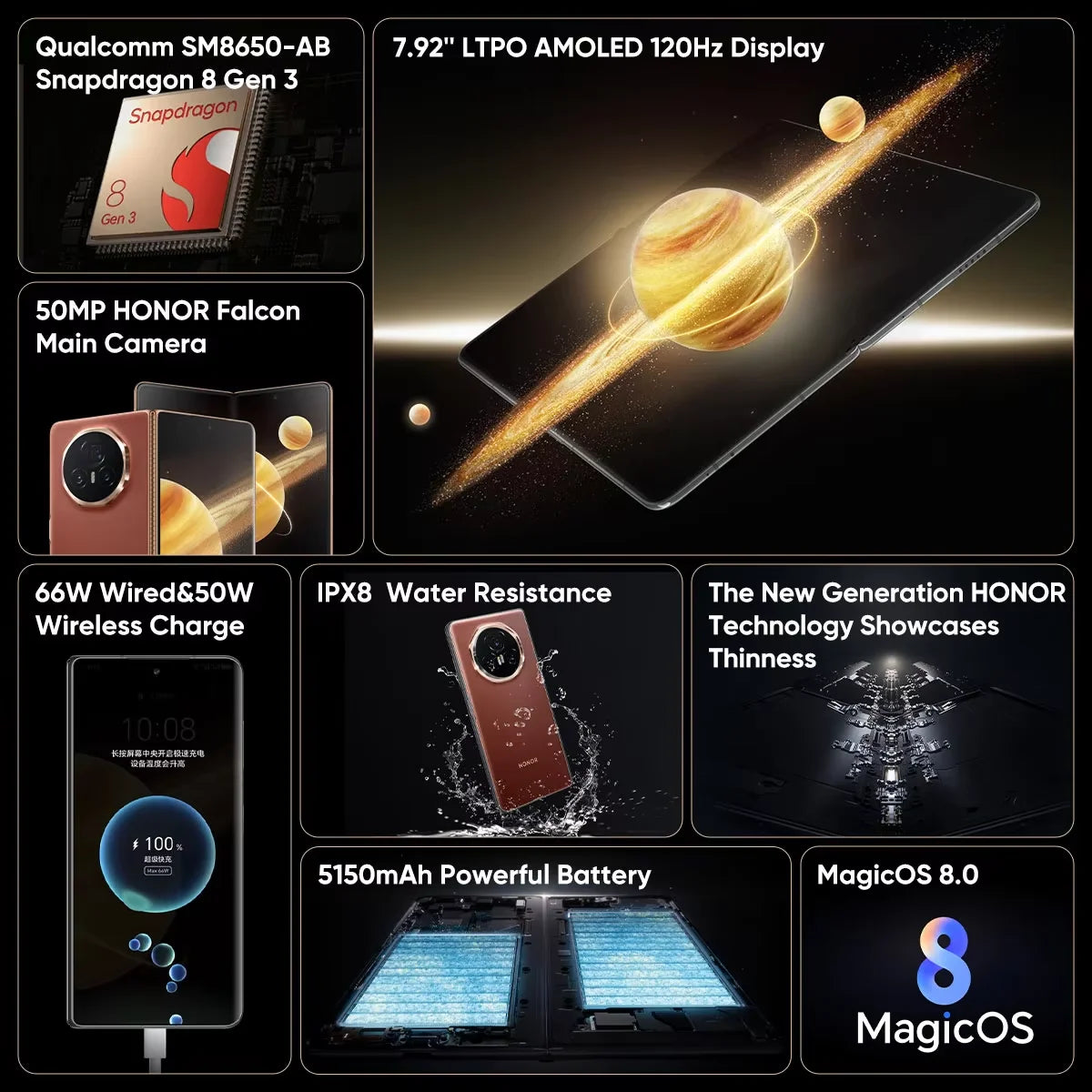 HONOR Magic V3 Global Version 5G Foldable Smartphone Snapdragon 8 Gen 3 7.92" LTPO OLED Display 5150mAh Battery 66W SuperCharge