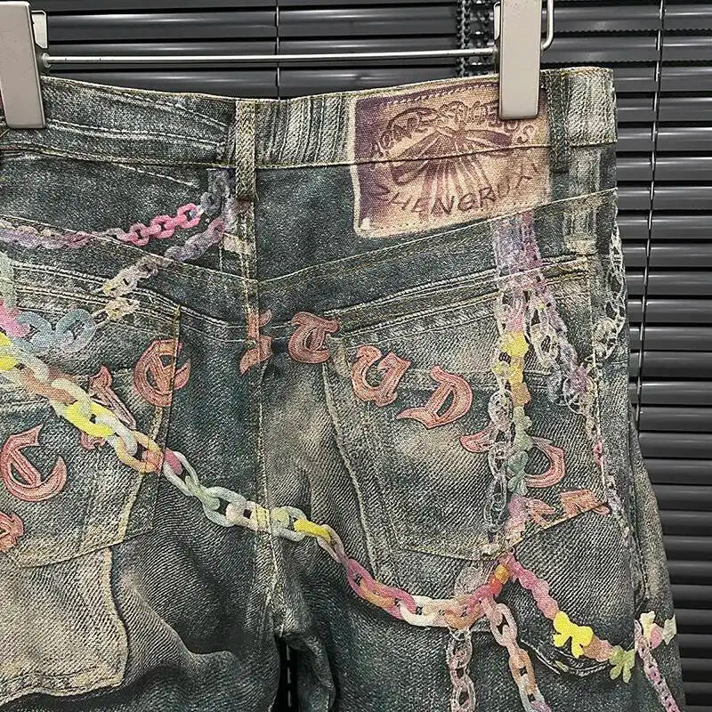 DEAT Fashion Women's 3D Chain Printed Contrast Color Jeans Niche Design High Waist Casual Denim Pants Female Trendy 11A04071