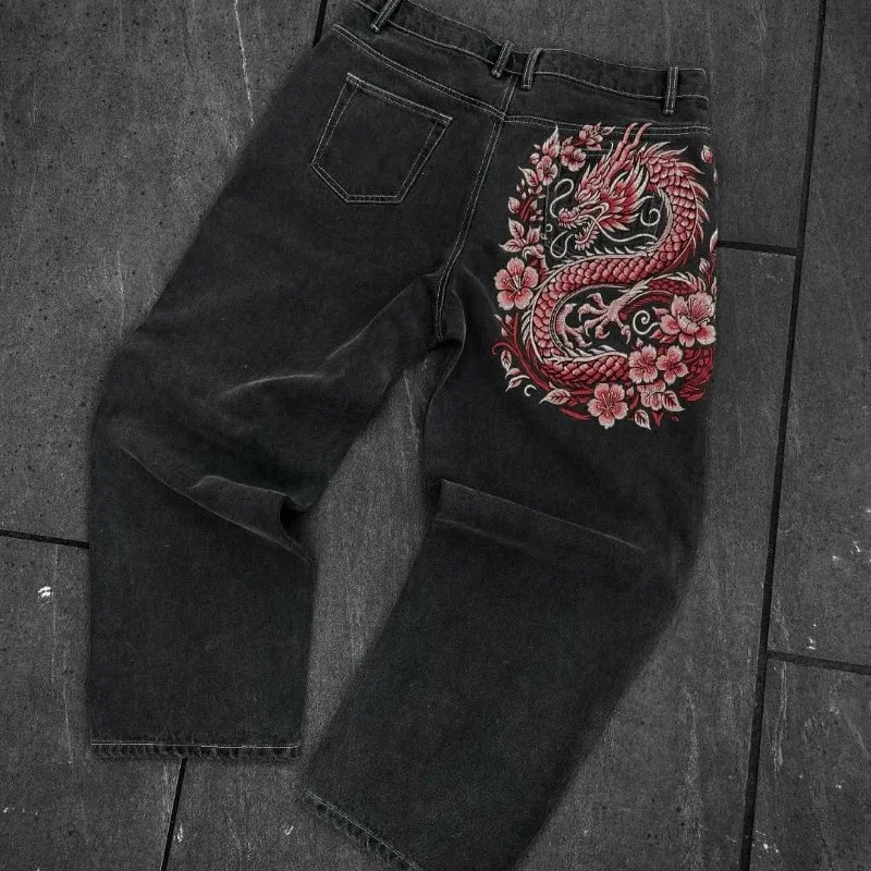 American Retro Hip-Hop Cherry Blossom Dragon Embroidery Baggy Jeans For Men and Women Y2K New Gothic Hip-Hop Casual Street Wear