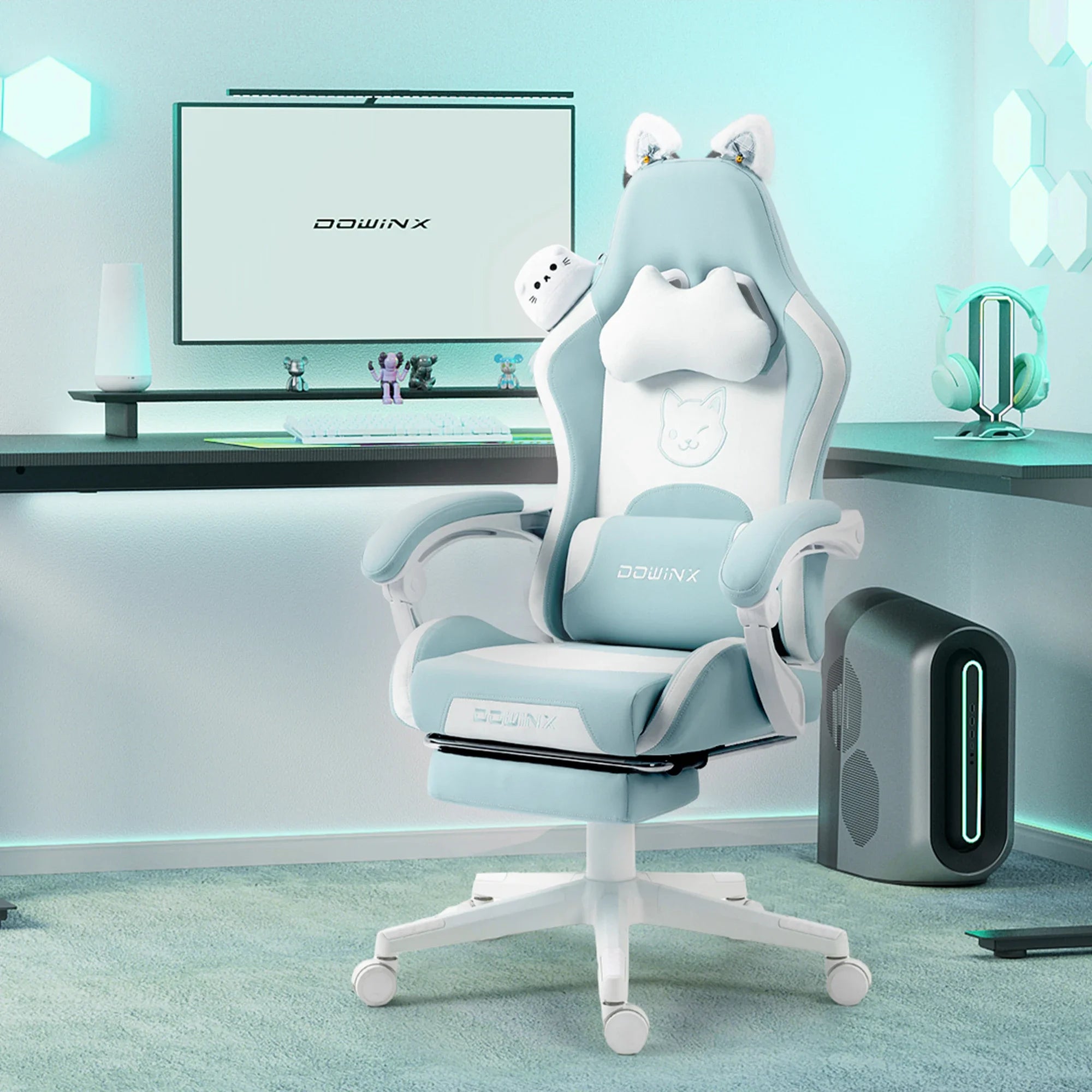 Cute Gaming Chair with Cat Ears Footrest Pink Kawaii Computer Chair Ergonomic High Back Gamer Seat with Cat Paw Lumbar Support