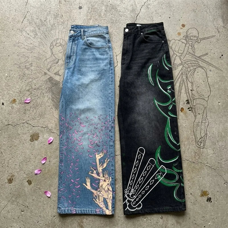 Anime Graphic Wide Leg Jeans Men Streetwear Hip Hop Baggy Denim Pants Harajuku Y2K Loose Straight Trousers Women Unisex Print