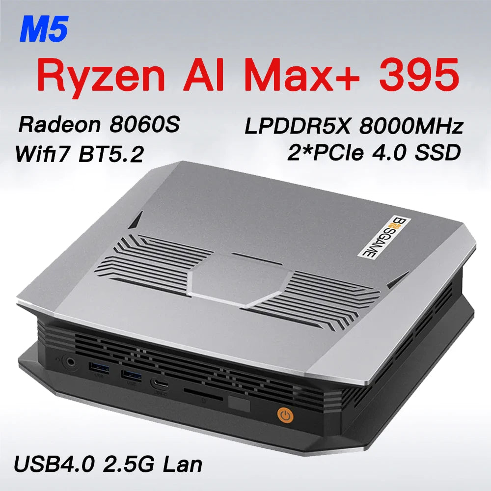 Bosgame M5 AI Mini PC AMD Ryzen AI Max+ 395 LPDDR5X 128GB 8000MHz 2*M.2 2280 SSD 2.5GbE WiFi7 BT5.2 USB4 Mini Gaming Computer