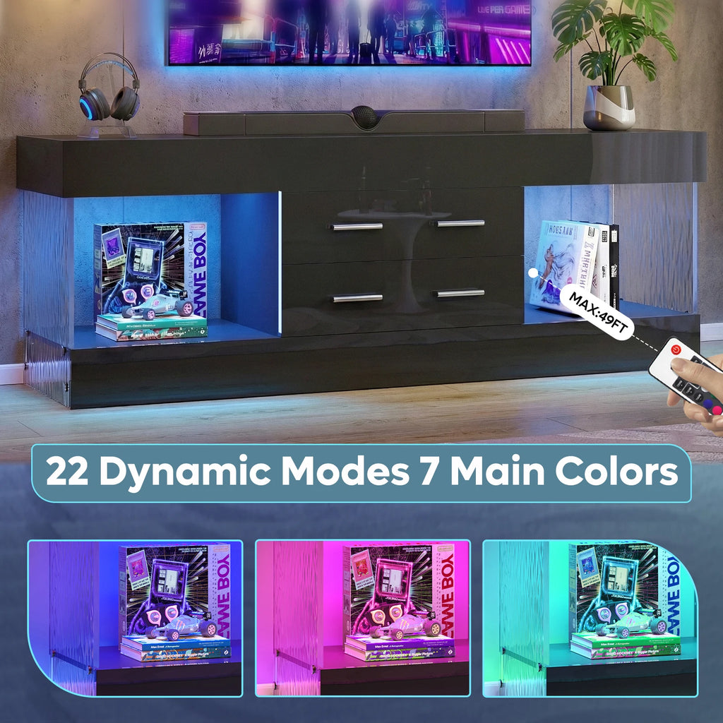 NOST&HOST Modern 60 Inch TV Stand for 65/60/55+ TV, High Gloss Black Entertainment Center with 2 Drawers & LED Lights for Living Room