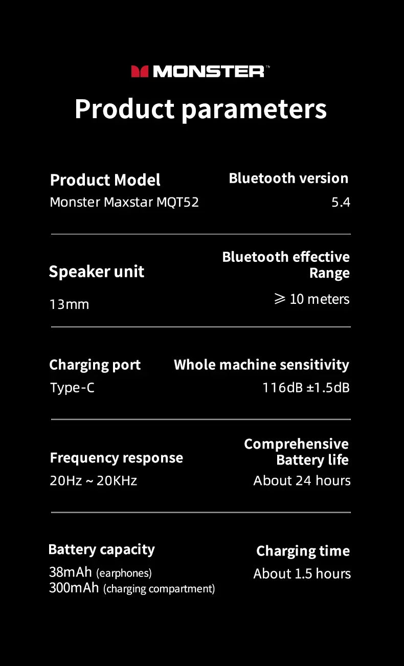 Monster MQT52 Gaming Headset TWS Wireless Bluetooth 5.4 HIFI Stereo Sound Earphones Talking Noise Canceling Earbuds with Mic