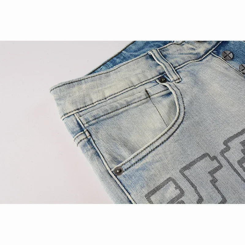 Men's High Street KSUBI Distressed Faded Blue Stretch Skinny Pattern Printing High Quality Button Fly Ripped Jeans Pants