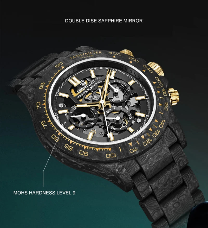 CRONUSART Men Chronograph Watch 42mm Automatic Mechanical Wristwatch Carbonfiber Case & Bracelet Luminous Sapphire Skeleton Dial