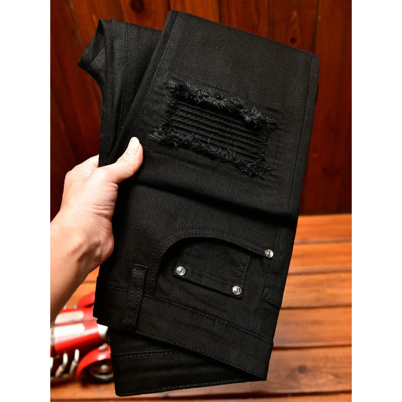 High end high street ripped patch design black jeans for men in autumn, slim fit American style trendy pants with small feet