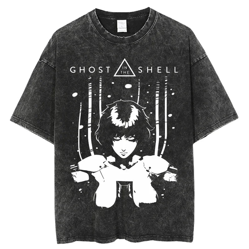 2024 Anime Ghost in the Shell Washed T-shirts Mens Clothing Graphic Manga Harajuku Tees Unisex Summer Top Male Streetwear