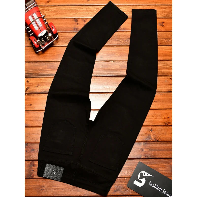 High end high street ripped patch design black jeans for men in autumn, slim fit American style trendy pants with small feet