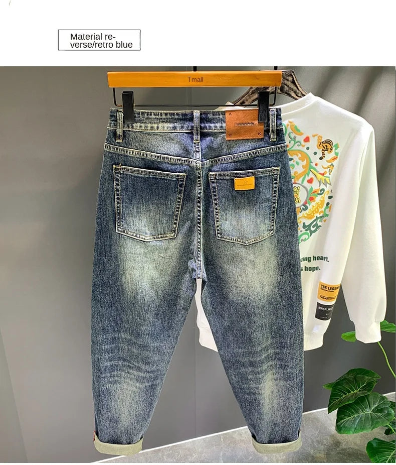 Spring and Autumn Retro Blue Japanese Street Harem Jeans Men's Loose plus Size Wide Legs Daddy Pants Trendy All-Matching Casual