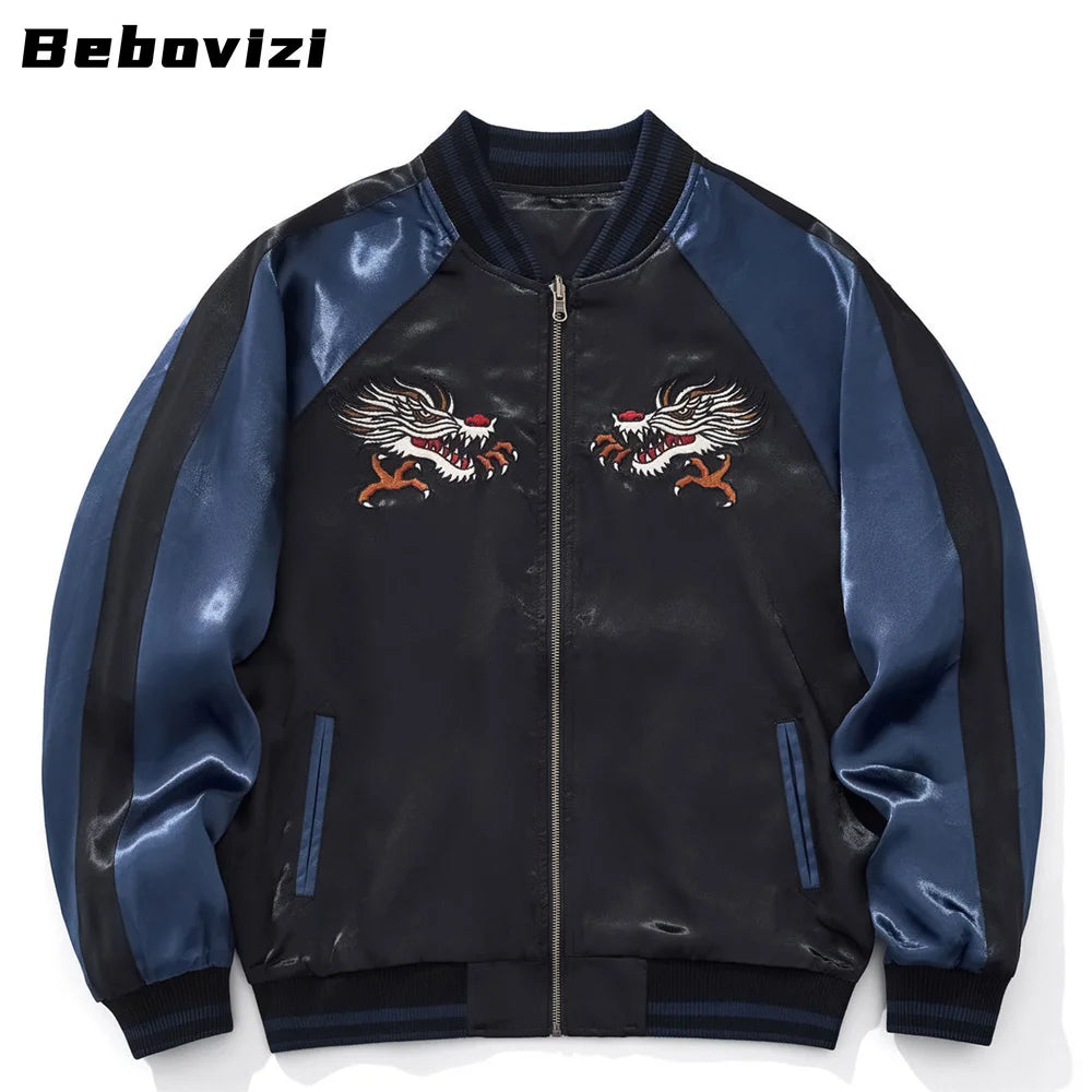 Tokyo Dragon Embroidered Zipper Blue Jacket Streetwear Hip Hop Men's Harajuku Japanese Baseball Coat Clothing