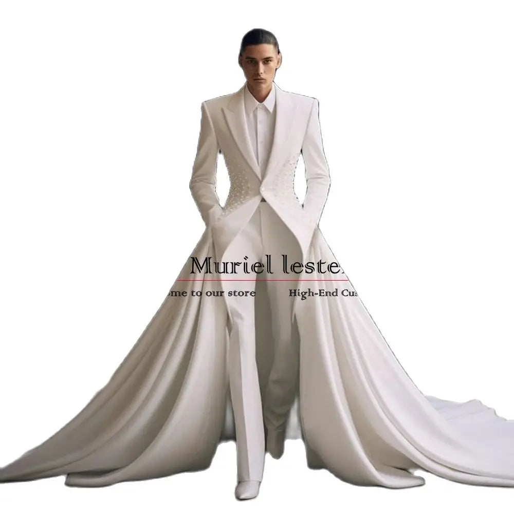 Luxury Pearls Men's Suit Slim Fit Single Breasted Blazer With Moved Train Customized Groom Wedding Tuxedo 3-Piece Man Dresses