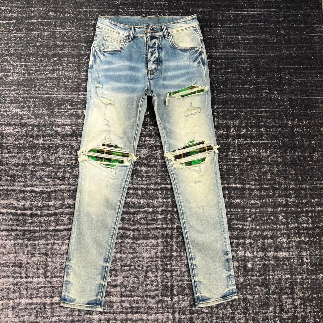discounted men green plaid patch distressed jeans