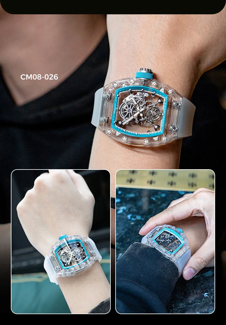 CRONUSART Men Tourbillon Watch 50mm Tonneau Mechanical Wristwatch Sapphire Case Mirror Luminous Fluororubber Strap Skeleton Dial