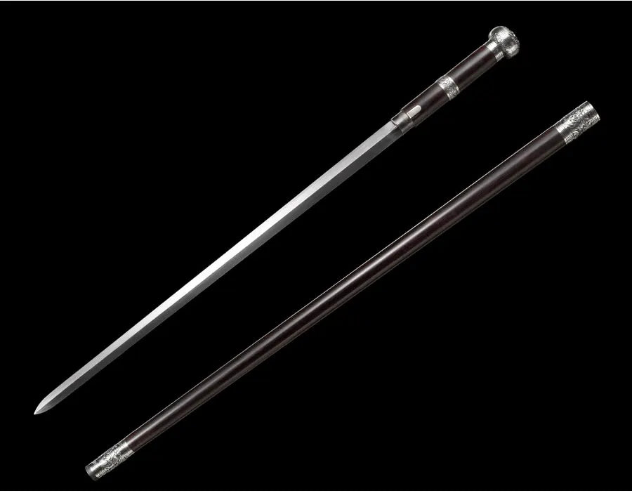 Chinese Staff Sword Folded Steel Damascus Blade Sharp Real Ebony Wood Scabbard Walking Stick Samurai Swords Silver Dragon Katana