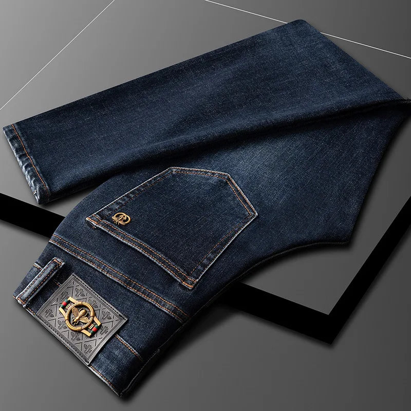 Light Luxury Blue Jeans Men's Autumn and Winter Thick 2024 New Simple and Versatile Casual Stretch Slim High-End Trousers
