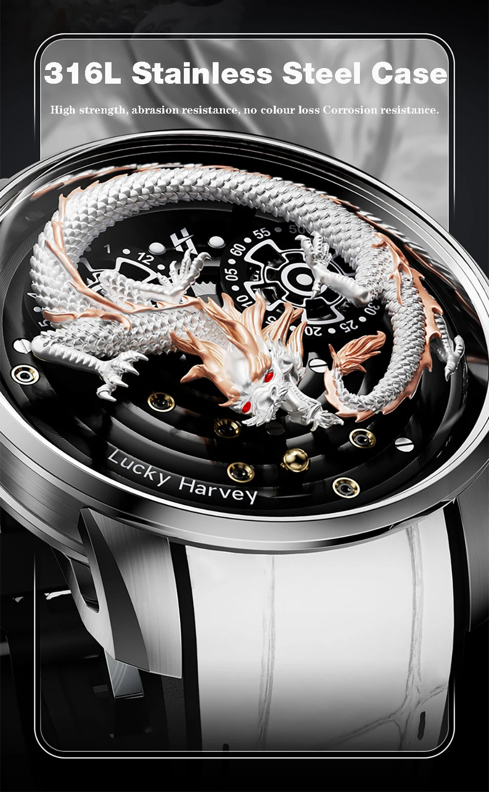 Lucky Harvey Chinese 3D Engraving Dragon Dial Automatic Mechanical Watches for Men Sapphire Crystal Business Fashion Watch