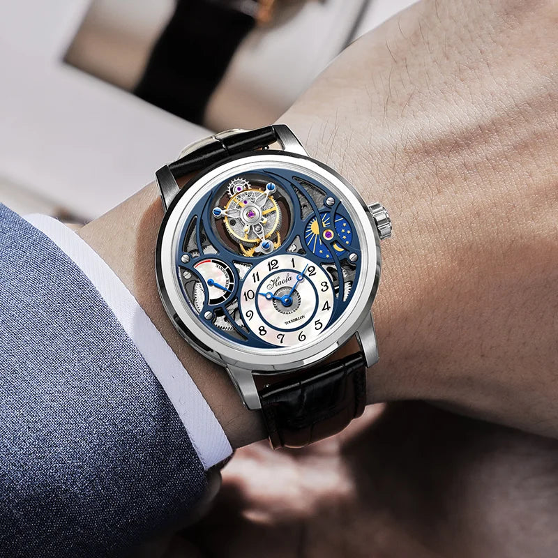 Haofa Manual Tourbillon Watch for Men Moonphase Energy Display Dial Skeleton Movement Sapphire Mechanical Wristwatches 1939