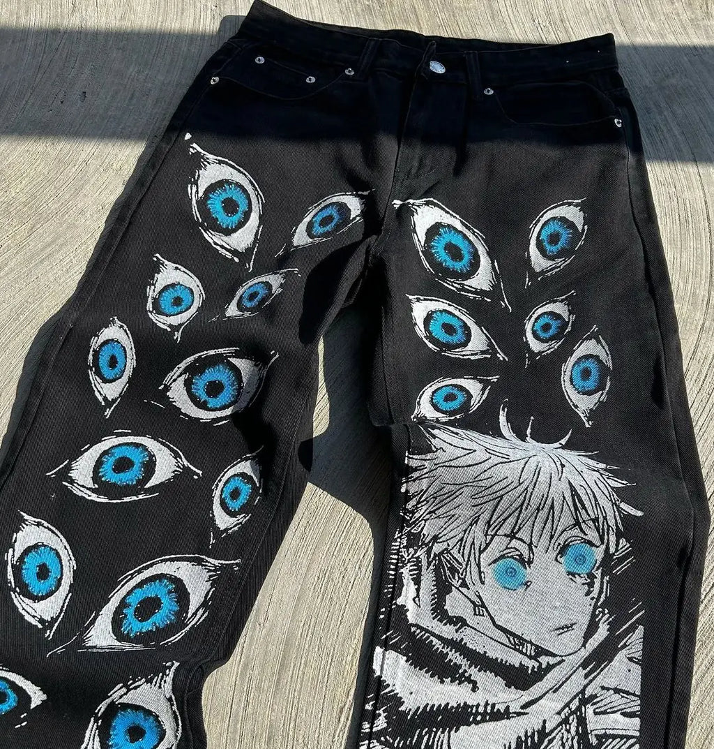 Streetwear Jeans Y2K Japanese Harajuku Hip Hop Graphic Print Baggy Jeans Black Pants Mens Gothic High Waist Wide Leg Trousers