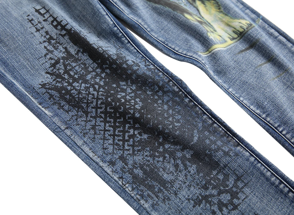 2026 Men's Blue 3D Printing Jeans, Black Wolf Pattern Printed Punk Straight Cotton Casual Print Denim Pants Asian Size 28-42