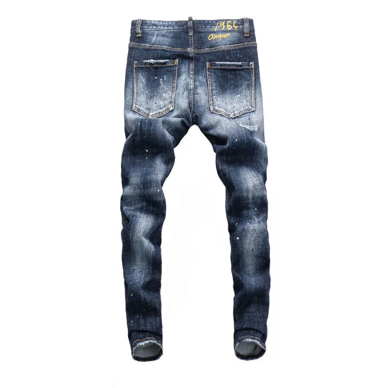 Latest designer fashion new men's jeans, washed, vintage painted embroidery, stretchy slim fit hombre