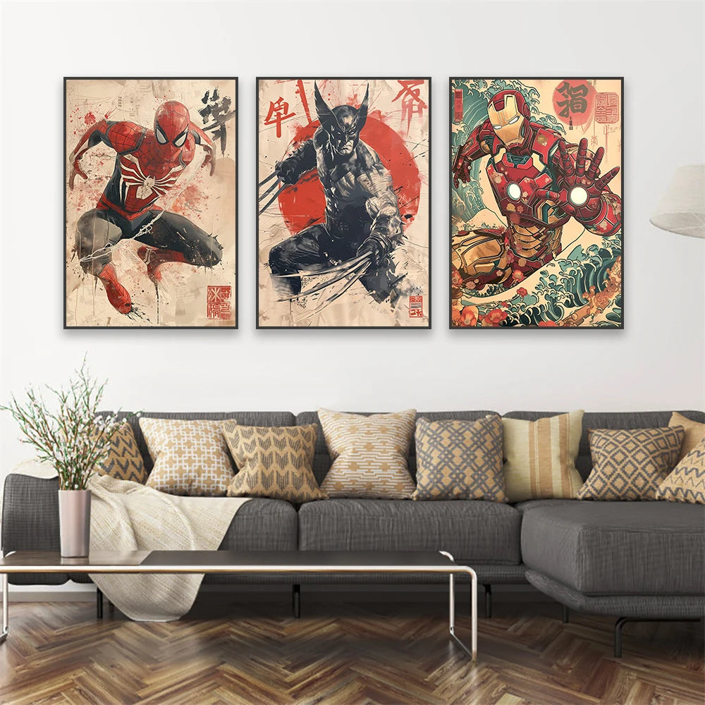 Deadpool Wolverine Art Poster Superhero Hulk Classical Japanese Style Prints Iron Man Spider Man Canvas Painting Decor