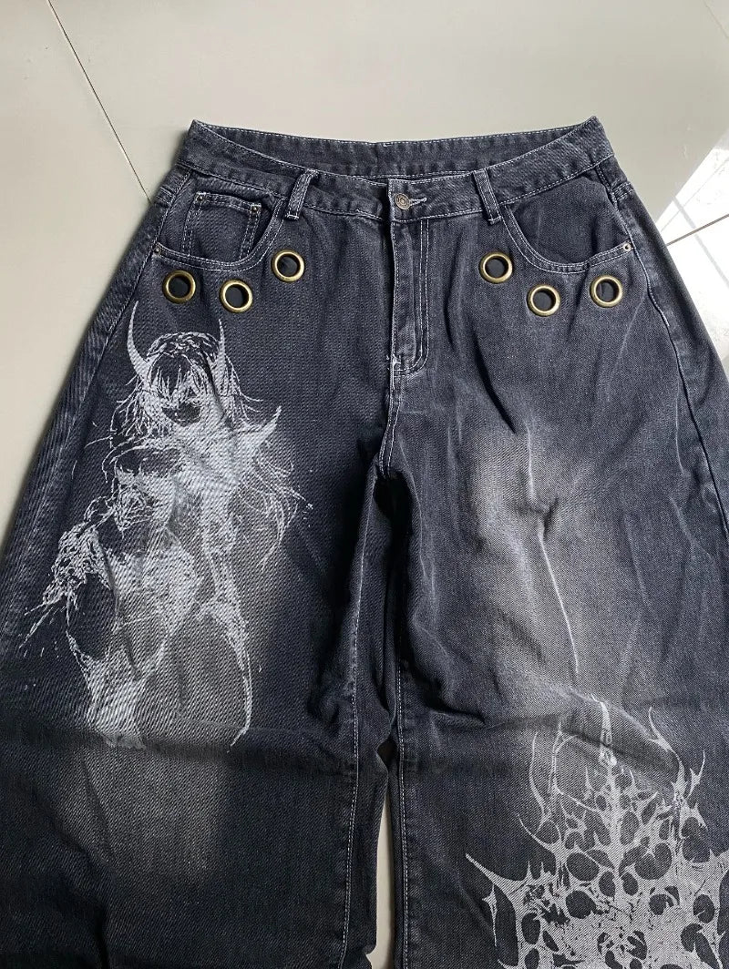 American New Fashion Oversized Pattern Printed Washed Jeans Men Y2K Gothic Rock Popular Casual Joker High Waist Wide Leg Pants