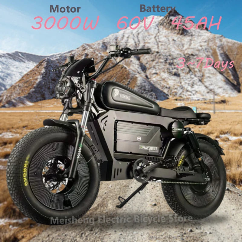 Ebike ZPW Black Warrior 3000W 60V 45AH Camping Motorcycle, Adult Electric Bike 20 Inch Fat Tire Electric Bike