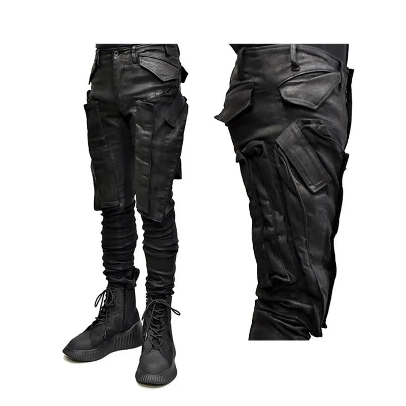 Dark Multi Pockets Function Cargo Pants Slim Fit Elastic Casual Joggers Trousers Men