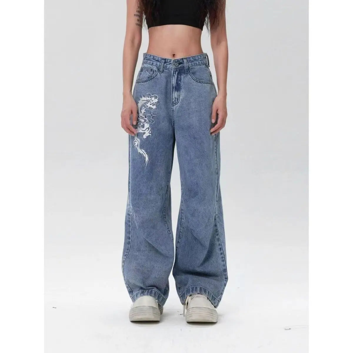 American Black New Retro Oriental Animal Print Fashion Loose Jeans Men And Women High Waist Hip-Hop Casual Straight Pants
