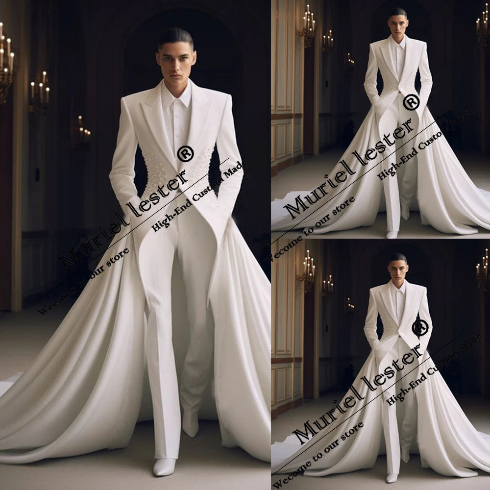 Luxury Pearls Men's Suit Slim Fit Single Breasted Blazer With Moved Train Customized Groom Wedding Tuxedo 3-Piece Man Dresses