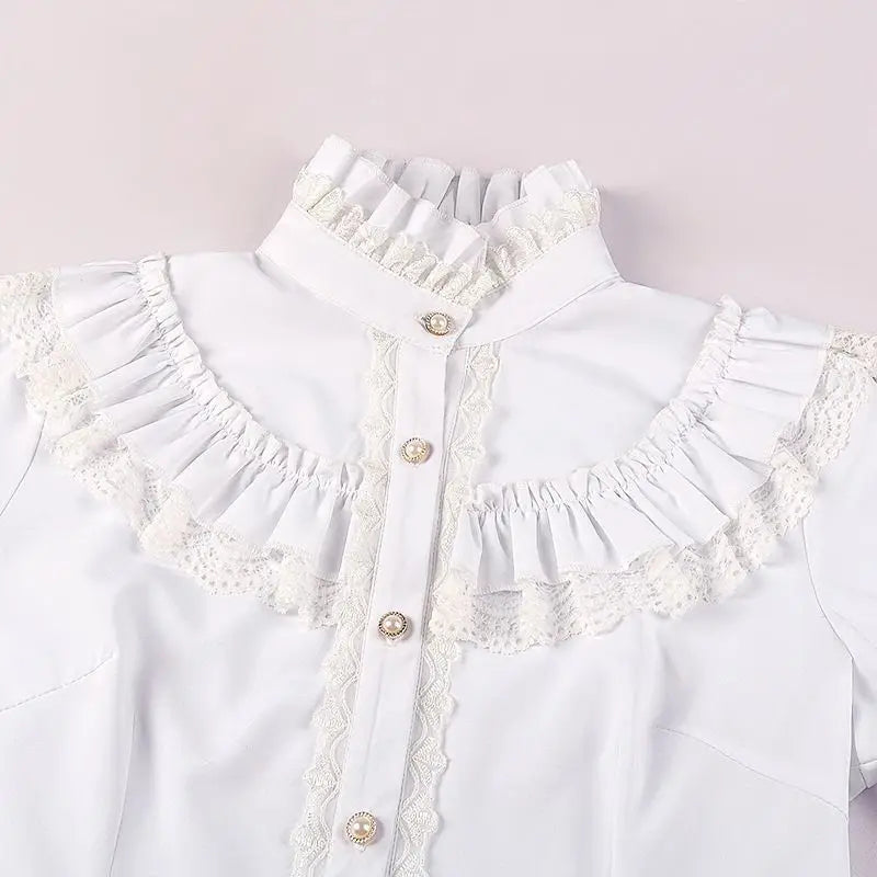 ouji Women's Victorian Gothic Blouse Ruffled High Collar Long Sleeve Renaissance Style Top Lolita Cosplay Costume Party Wear