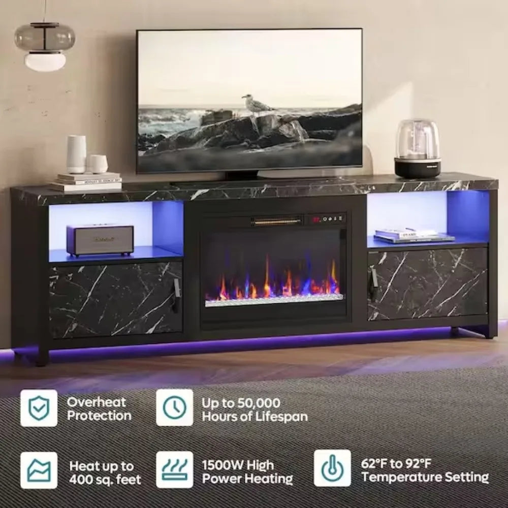 70 in. Black Marble LED TV Stand Fits TV's Up to 75 in. Entertainment Center with Fireplace and Cabinets