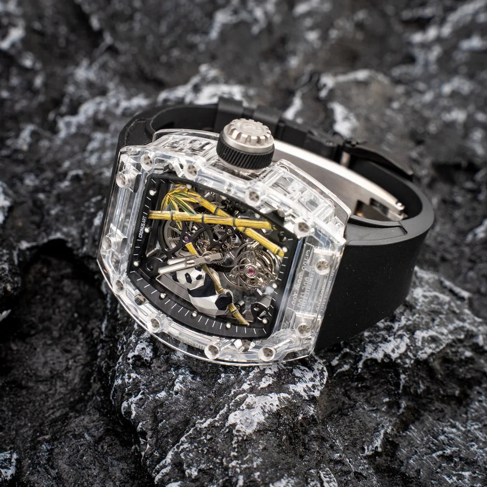 CRONUSART Men Tourbillon Watch 50mm*42mm Tonneau Sapphire Case Mechanical Wristwatch Fluororubber Strap Skeleton Panda Dial