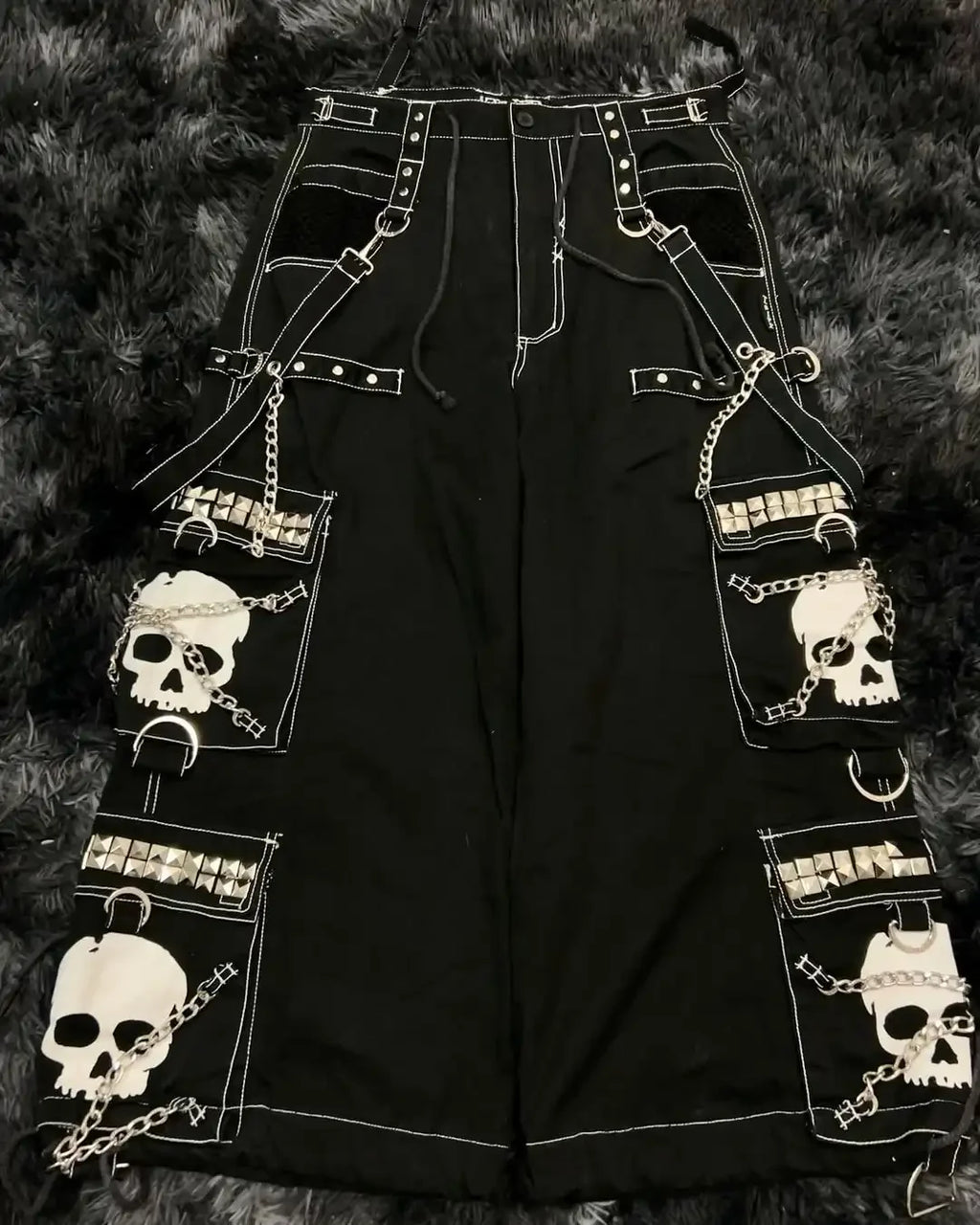 Street fashion chain brand Skull Bone Design jeans retro Harajuku style men's wide leg pants street rock multi-chain loose pants