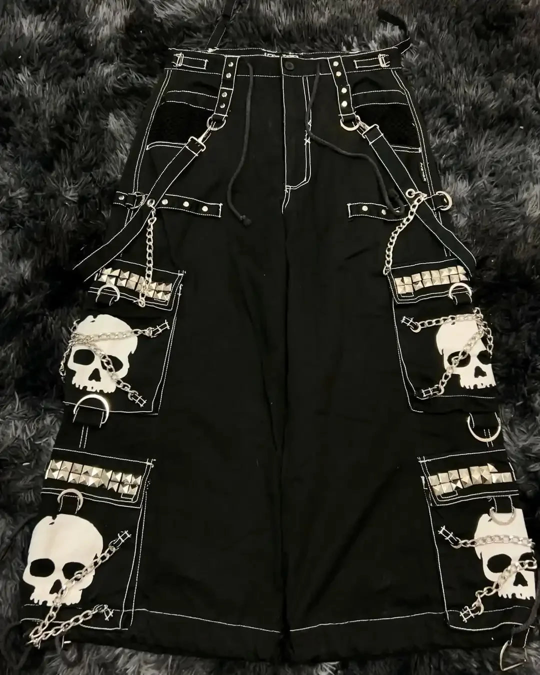 Street fashion chain brand Skull Bone Design jeans retro Harajuku style men's wide leg pants street rock multi-chain loose pants
