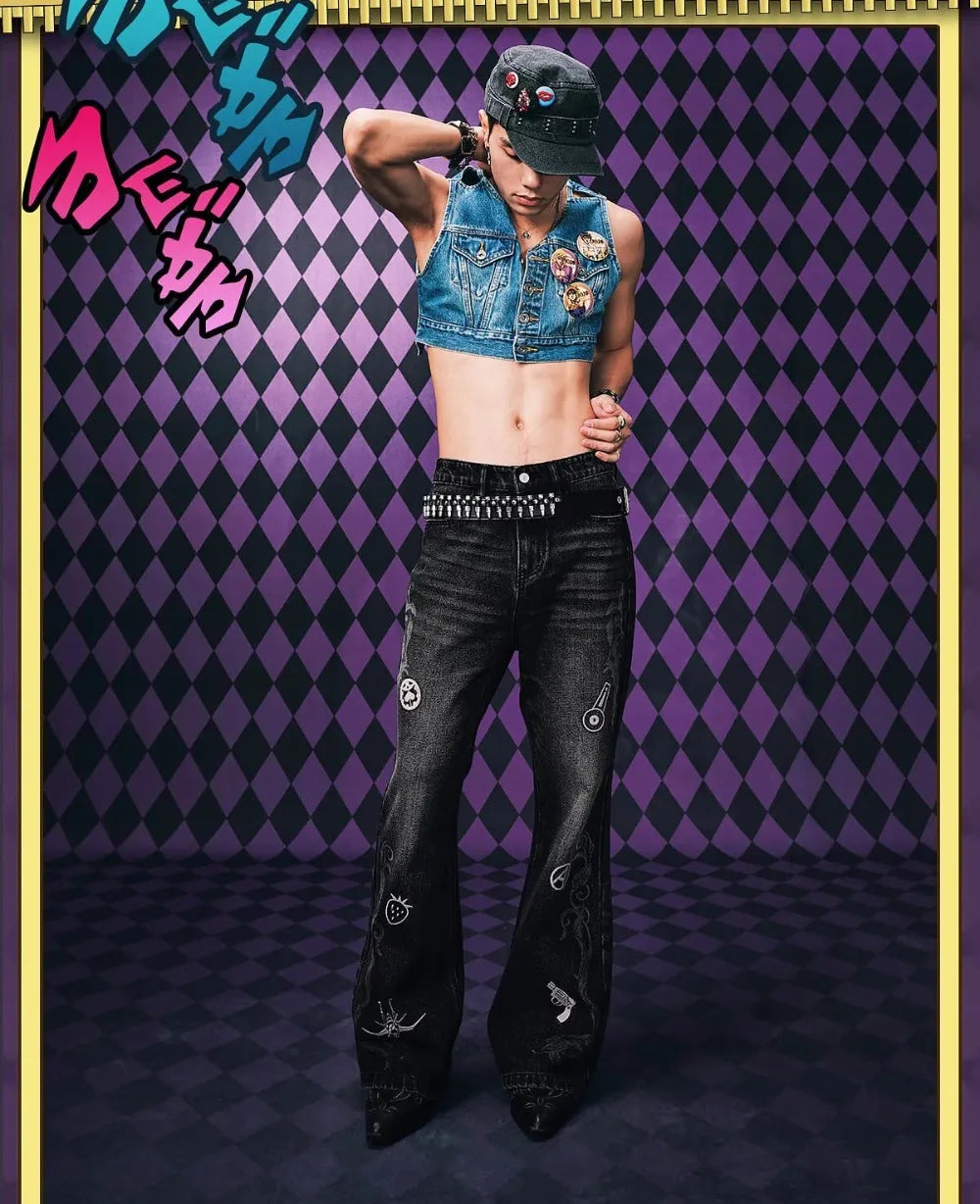JoJo's Bizarre Adventure Black Flared Jeans Men Embroidery Streetwear Loose Casual Washed Denim Pants Anime Inspired Trousers