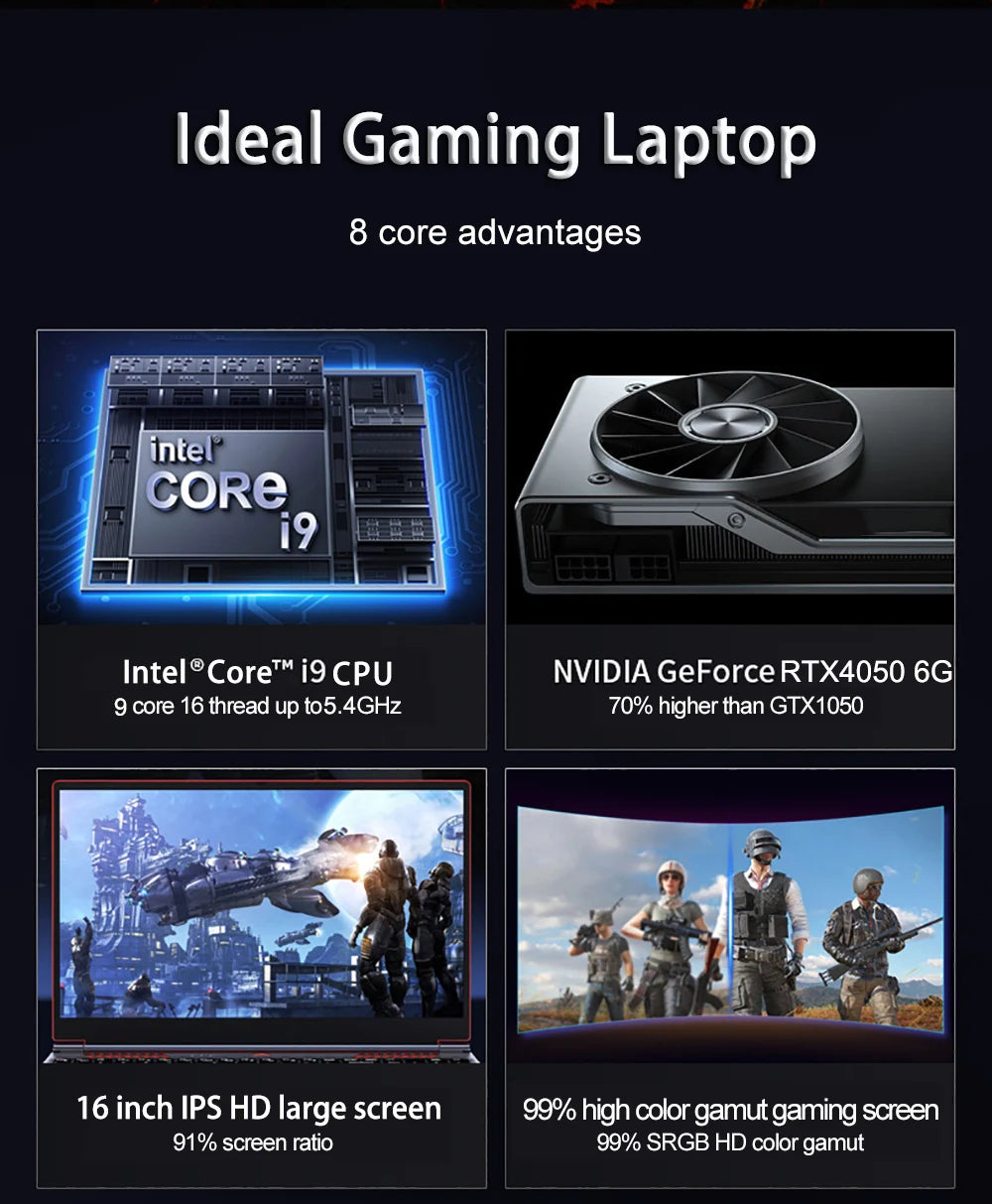 16.1 Inch Gaming Laptop RTX4050 6G Intel Core i9-13900HK Windows11 RAM Max 64GB DDR5 2*M.2 NVME 2TB SSD WiFi Office Notebook