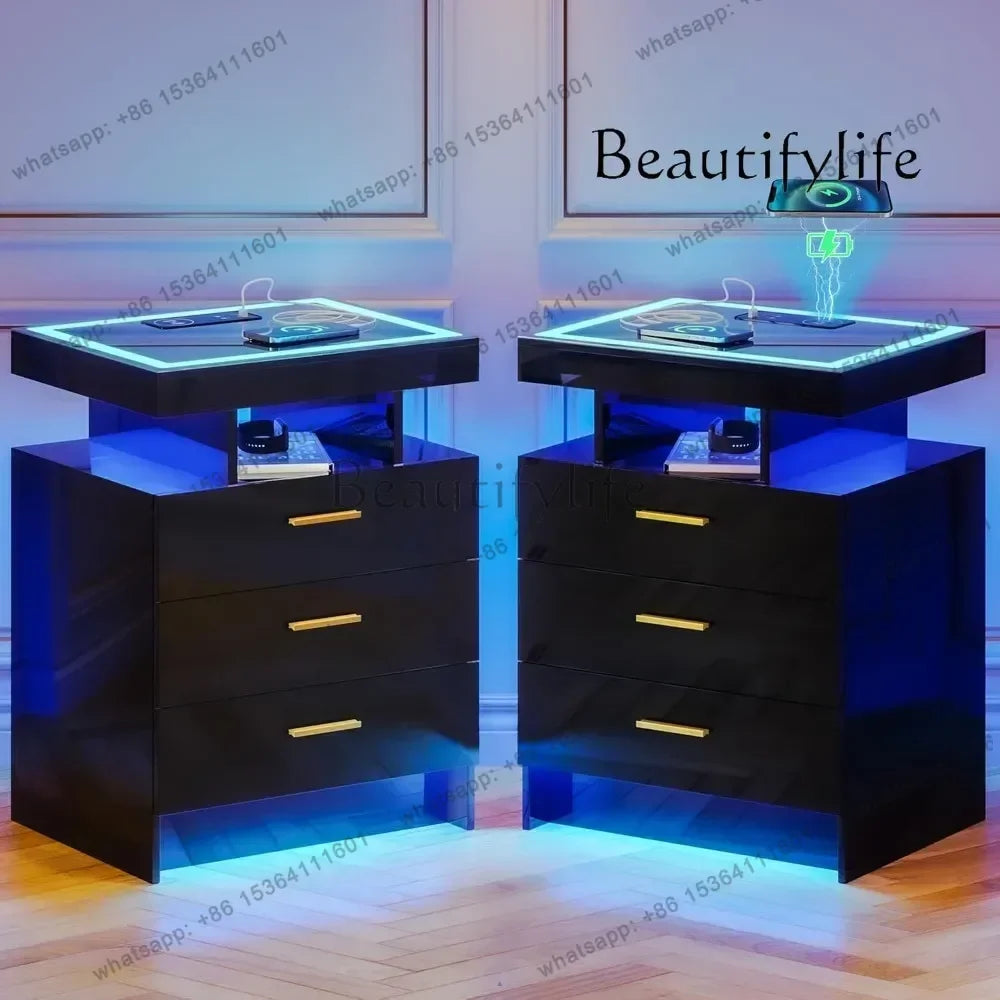 D06Modern Bedside Table 2 Set Nightstands with Wireless Charging Station, Auto Sensor 3 Color Dimmable LED Night Stand